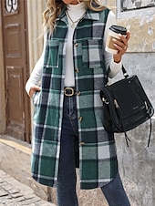 baratos Colete-Mulheres Colete Ao ar livre Rua Roupa Diária Outono Inverno Longo Casaco Normal Térmico / Quente Respirável à moda Casual Casaco Sem Manga Listras e xadrez Com bolsos Imprimir Laranja Verde Cáqui