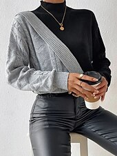 olcso Grafikus minták és részletek-Női Pulóver Elegáns Divat Napi Színes Mock Neck Kötött Hosszú ujj Normál felsők Kötött Munka Fekete Ősz Tél