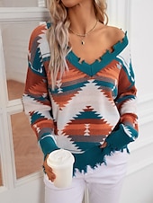 billige Grafiske mønstre og detaljer-Dame Genser Pullover genser Årgang Etnisk stil Fritid Geometrisk Riflet V-hals Strikket Langermet Vanlige topper Strikke utendørs Daglig Helg Marineblå Lilla Høst Vinter