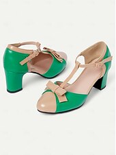 olcso Block Heels-vintage stílusú zöld és bézs női blokksarkú cipő masnis akcentussal – elegáns t-pántos szandál bulikra és különleges alkalmakra