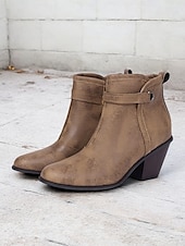 abordables Cowboy y botas occidentales-Botines estilo western vintage para mujer con tacones gruesos en bloque: botines de piel sintética con cremallera lateral para uso informal y al aire libre