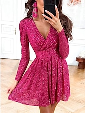 abordables mini robe noire-robe paillette Robe casual Robe Trapèze Femme Mini robe Paillettes Soirée Décontractées Col V manche longue Standard Noir Blanche Fuchsia M L XL