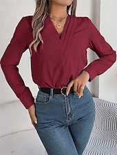 preiswerte Elegante Oberteile-Damen Hemd Bluse Feste Farbe Basic Brautkleider schlicht Langarm V Ausschnitt Normale Oberteile Täglich Weiß Rosa Wein Herbst Winter