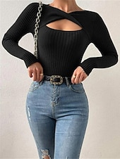 preiswerte Damen Einfache Oberteile-Damen T Shirt Glatt Modisch Modern Brautkleider schlicht Langarm V Ausschnitt Normale Oberteile Täglich Wochenende Öse Schwarz Weiß Beige Grau Herbst Winter