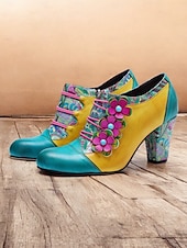 olcso Block Heels-női színes virágos, fűzős blokksarkú cipő - vintage stílusú bőr bokacsizma dekoratív virág díszítéssel