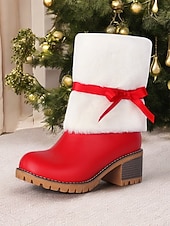 voordelige Vrouwen Kerst Schoenen-dames kerstlaarzen met imitatiebont en rode strik – feestelijke vakantieschoenen voor winterfeesten