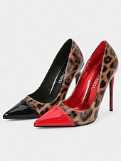 abordables Talons Aiguilles-talons aiguilles imprimé léopard pour femmes – escarpins à bout pointu en cuir verni rouge pour fêtes et événements nocturnes