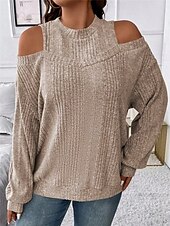 billiga Solida färger-Dam Tröja Pullover tröja Ledigt Mjukt Randig Ribbad Rund hals Stickat Kall axel Långärmad Vanliga toppar Sticka Utomhus Dagligen Helgen Svart Rubinrött Höst Vinter