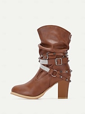 preiswerte Slouch-Stiefel-braune, lässige Stiefel mit halbhoher Sohle und Nietenriemen sowie Strassverzierungen für Damen – High Heel im Westernstil für Partys und die Freizeit