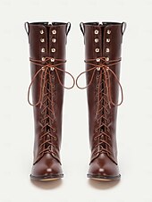 tanie Rijlaarzen-damskie, brązowe, skórzane, sznurowane, sięgające do kolan buty vintage, rustykalne, kowbojskie buty jeździeckie na przygody na świeżym powietrzu