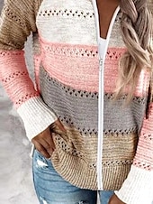 billige Grafiske mønstre og detaljer-Dame Genser Pullover genser Fritid Myk Stripet Riflet Med hette Strikket Langermet Vanlige topper Strikke utendørs Daglig Helg Rosa Vin Høst Vinter