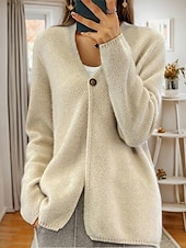 billige Cardigans og yttertøy-damegenser cardigan genser jakke v-hals strikket knapp strikket vår høst hjem daglig helg elegant daglig myk langermet ren farge camel beige