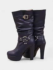 cheap Platform Boots-Women&#039;s White Knee-High Platform Boots with Buckle Straps and High Heels – Stylish Winter Boots for Bold Fashion Statements