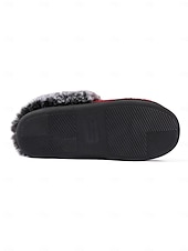 ieftine Flip-Flops de Damă-papuci de damă în carouri căptușiți cu lână - pantofi de casă roșii și negri, în carouri de bivol, cu guler de blană artificială pentru confortul iernii