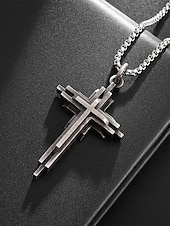 economico Gioielli da uomo-collana con ciondolo a croce a strati in acciaio inossidabile da uomo - gioielli religiosi in stile gotico per abbigliamento casual e formale