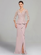 economico Lunghezza del pavimento-Abito Sheath Madre della Sposa Abito Elegante V Scollo Lunghezza Piena Chiffon Elasticizzato Manica 3/4 con Pieghe in Pizzo Colore Solido