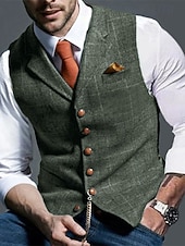  gilet da uomo in tweed, gilet, moda vintage, primavera e autunno, bottoni, misto lana, comodo, semplice, monopetto, scollo a V, vestibilità regolare, verde scuro, blu navy, grigio scuro, grigio chiaro.