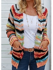 abordables Cardigans et vêtements d&#039;extérieur-Femme Pull Chandail Gilet Cardigan Décontractées Flexible Rayé A côtes Ouvrir le devant Poche Tricoté manche longue Hauts réguliers Tricoter Extérieur du quotidien Fin de semaine Rouge Bleu Automne