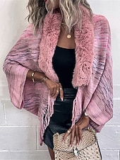 cheap Shrugs &amp; Capes-Women&#039;s Shrug Casual Soft Rainbow Ribbed Open Front Tassel Knitted Faux Fur Trim Long Sleeve Regular Tops Knit Outdoor Daily Weekend Pink Apricot Fall Winter