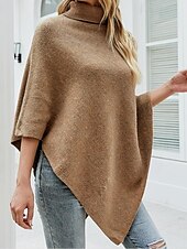 economico Maglioni e cardigan-Per donna Felpa Pullover Maglione Informale Morbido Tinta unica A coste A collo alto Bottoni Lavorato a maglia Mezza manica Top regolari Maglia Esterno Giornaliero Fine settimana Nero Rosso Autunno