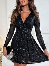 abordables mini robe noire-robe paillette Robe casual Robe Trapèze Femme Mini robe Paillettes Soirée Décontractées Col V manche longue Standard Noir Blanche Fuchsia M L XL