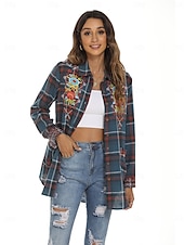 preiswerte Blumenoberteile-Damen Boho-Hemd Blumen Karomuster Blume Lässig Boho Langarm Bischofsärmel Hemdkragen Normale Oberteile Valentinstag Arbeit Täglich Bestickt Blau Frühling, Herbst, Winter, Sommer