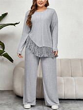 abordables grande taille deux pièces-Femme Grande taille Hauts T shirt Tee Ensemble Couleur unie Franges manche longue Col Ras du Cou Décontractées du quotidien Polyester Automne Hiver Fuchsia Vert