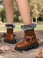 baratos Botas de neve e inverno-botas de inverno femininas com acabamento em pele sintética – botas de cano curto estilosas e quentes com detalhe de fivela e sola resistente, perfeitas para aventuras ao ar livre em climas frios