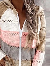 billige Grafiske mønstre og detaljer-Dame Genser Pullover genser Fritid Myk Stripet Riflet Med hette Strikket Langermet Vanlige topper Strikke utendørs Daglig Helg Rosa Vin Høst Vinter