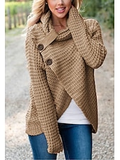 billiga Tröjor och koftor-dam tröja tröja tröja turtleneck stickad knapp stickad höst vinter utomhus nyår mode avslappnad mjuk långärmad enfärgad khaki