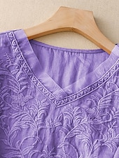 economico Camicie-Per donna Camicia Camicie ispirate al lino Tinta unica Floreale Casual Boho Manica 3/4 Manica al gomito Scollo a V Top Regolari Vacanza Feste Quotidiano Ricamato Viola Autunno Primavera &amp; Estate