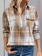 preiswerte Damen Grafik Tops-Damen Hemd Bluse Plaid Basic Brautkleider schlicht Langarm Hemdkragen Normale Oberteile Täglich Zip Bedruckt Khaki Herbst Winter