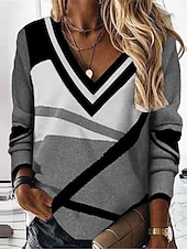 billige Stripe og geometrisk t-skjorte-Dame T skjorte Stripet Mote Moderne Fritid Langermet V-hals Vanlige topper Daglig Helg Trykt mønster Svart Hvit Rød Blå Høst Vinter