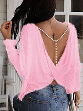 economico Top Semplici da Donna-Per donna Camicia Blusa Tinta unica Informale Manica lunga Girocollo Top regolari Giornaliero Collage Rosa Autunno Inverno