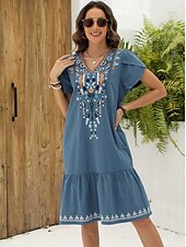 halpa Boho-mekot-Ystävänpäivä Naisten Normaali Mini mekko Rento mekko Pitkähihainen Boho-mekko Boho-mekko Perus Vapaa-aika Boheemi Loma Ystävänpäivä Katu Loose Fit Kukka Asetelma Lyhythihainen V kaula-aukko Sininen