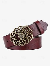 levne Dámský pásek-dámský červený kožený pásek s vintage květinovou vyřezávanou sponou – doplněk ve westernovém boho stylu