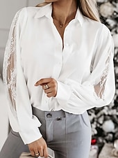 preiswerte Elegante Oberteile-Damen Hemd Bluse Feste Farbe Basic Brautkleider schlicht Langarm Hemdkragen Normale Oberteile Täglich Spitze Gitter Patchwork Schwarz Weiß Grün Herbst Winter