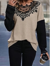economico Top in Pizzo-Top in pizzo elegante da donna blusa all&#039;uncinetto moda moderna casual top semplici regolari maniche lunghe scollo rotondo vestibilità regolare abbigliamento quotidiano weekend romantico top petite
