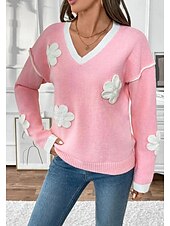 cheap Graphic shop Sweatshirts &amp; Hoodies-Women&#039;s Sweater Crew Neck Knit Embroidery Spring Fall Elegant 3/4 Length Sleeve Solid Color Pink