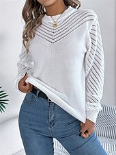 economico Colori solidi-Per donna Felpa Pullover Maglione Informale Morbido Colore puro A coste Girocollo Traforato Lavorato a maglia Manica lunga Top regolari Maglia Esterno Giornaliero Fine settimana Bianco Arancione