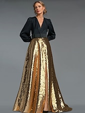 preiswerte GELB-Gold Pailletten A-Linie Schwarzes Abendkleid Elegantes Kleid Smoking Kleid Formal Bodenlänge Langarm V-Ausschnitt Gürtel  Schärpe mit Schlitz