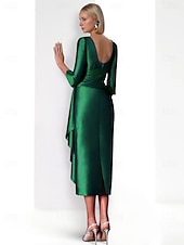 abordables Robes de cocktail-Robes Cocktail Fourreau Élégante Robe Formelle Mi-Longueur 3/4 Manches Col en V Satin avec Boutons en Strass Robes