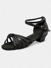 economico Scarpe per balli latini-sandali da ballo latino in raso da donna con design a cinturini, suola in morbida pelle scamosciata e tacco basso - perfetti per balli da sala, salsa e balli sociali