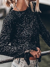 preiswerte Einfache Blusen-Damen Hemd Pailletten Funkelnd Party Pailletten Rückenfrei Einfarbig Basic Lässig Langarm Rundhalsausschnitt Normale Oberteile Party Silber Schwarz Herbst Winter