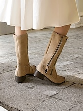 tanie Kowboj i zachodnie buty-damskie buty ze skóry ekologicznej do połowy łydki z podwójnym zamkiem błyskawicznym i paskiem ze sprzączką – swobodny styl westernowy do noszenia na zewnątrz i na co dzień