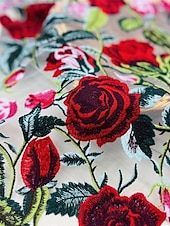 billiga Balklänningar-Blommig Ros Broderad A-linjeformad Bal Klänningar Elegant Klänning Formell Golvlängd Kort Ärm V-Hals Bälte  Band Tyll med Blommig Tryck