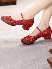 abordables Chaussures de danses latines-chaussures de danse Mary Jane à paillettes dorées pour femmes – chaussures de salon à talon bas pour événements spéciaux et spectacles