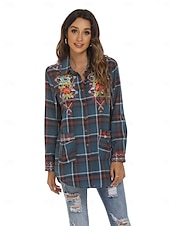 preiswerte Blumenoberteile-Damen Boho-Hemd Blumen Karomuster Blume Lässig Boho Langarm Bischofsärmel Hemdkragen Normale Oberteile Valentinstag Arbeit Täglich Bestickt Blau Frühling, Herbst, Winter, Sommer