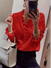 abordables Couleurs unies-Femme Pull Chandail Elégant du quotidien Couleur unie Col V A Volants manche longue Hauts réguliers Tricoter Travail Blanche Rouge Automne Hiver
