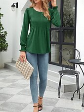 cheap Plain tee-Women&#039;s Shirt Blouse Solid Color Basic Casual Long Sleeve Crew Neck Regular Tops Daily Black White Pink Green Fall Winter